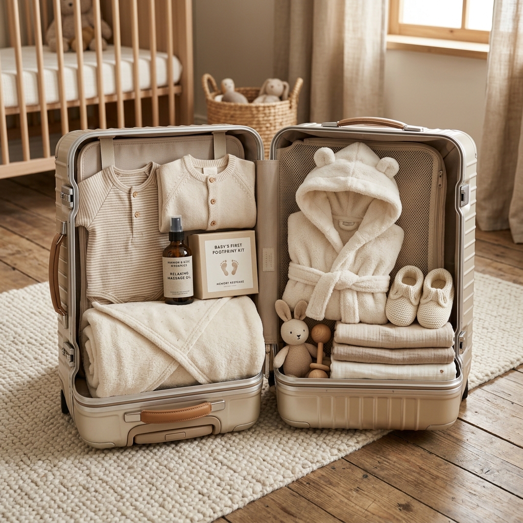 Conceptbeeld van het Premium Pakket in hardcase koffer met babykleding, wikkeldeken en extra verzorging